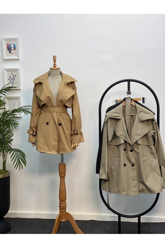 4451 - Düğmeli Tesettür Trençkot Taba-K2