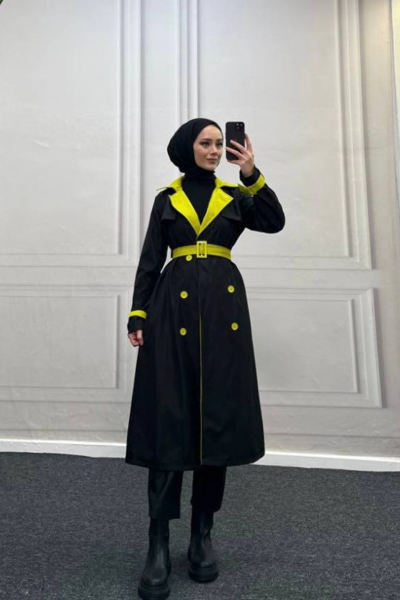 9981 - Çift Renk Tesettür Trençkot Si̇yah-I8