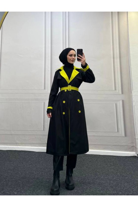 9981 - Çift Renk Tesettür Trençkot Si̇yah-I8