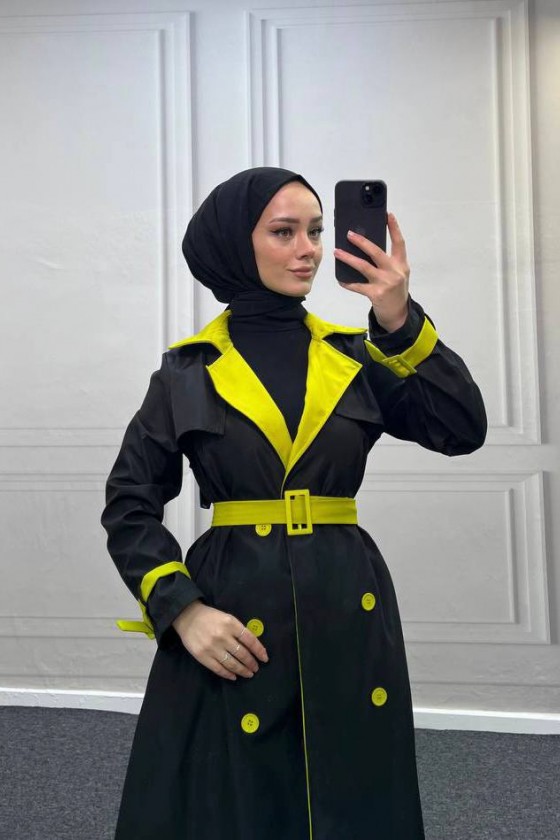 9981 - Çift Renk Tesettür Trençkot Si̇yah-I8