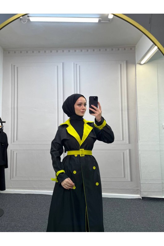 9981 - Çift Renk Tesettür Trençkot Si̇yah-I8 9981 - Çift Renk Tesettür Trençkot Si̇yah-I8