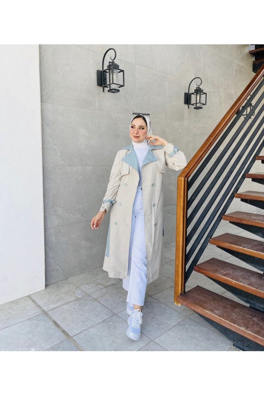9981 - Çift Renk Tesettür Trençkot Bej-I8