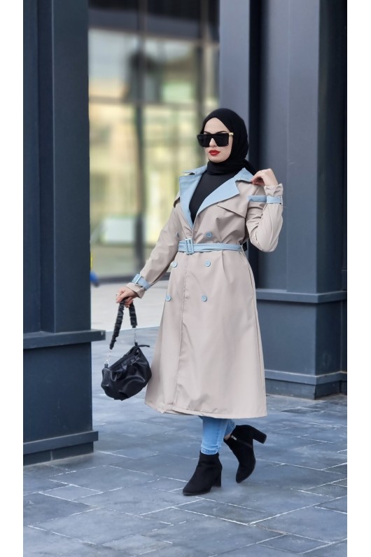 9981 - Çift Renk Tesettür Trençkot Bej-I8