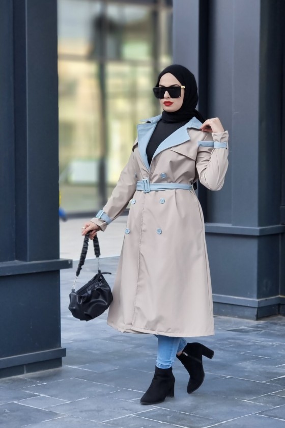 9981 - Çift Renk Tesettür Trençkot Bej-I8