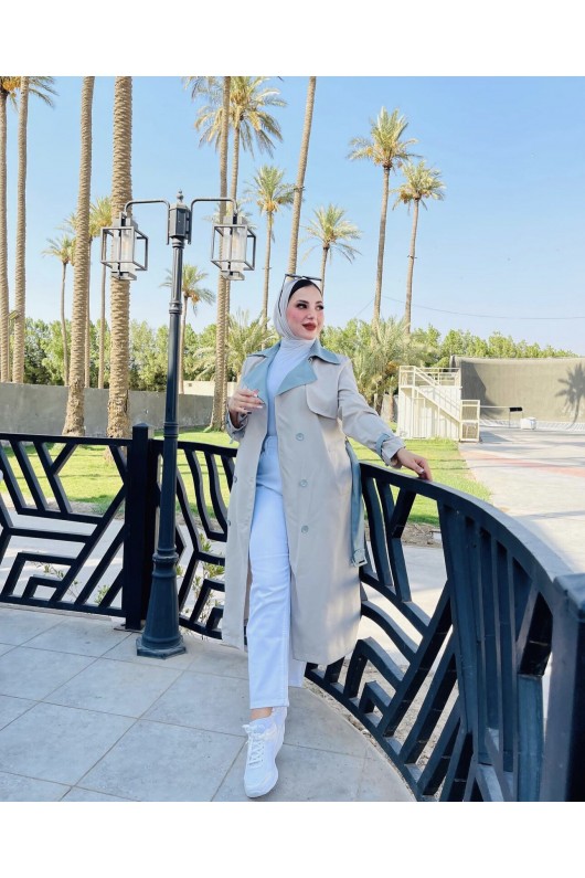 9981 - Çift Renk Tesettür Trençkot Bej-I8