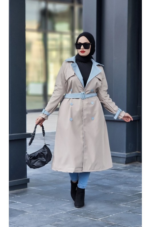 9981 - Çift Renk Tesettür Trençkot Bej-I8