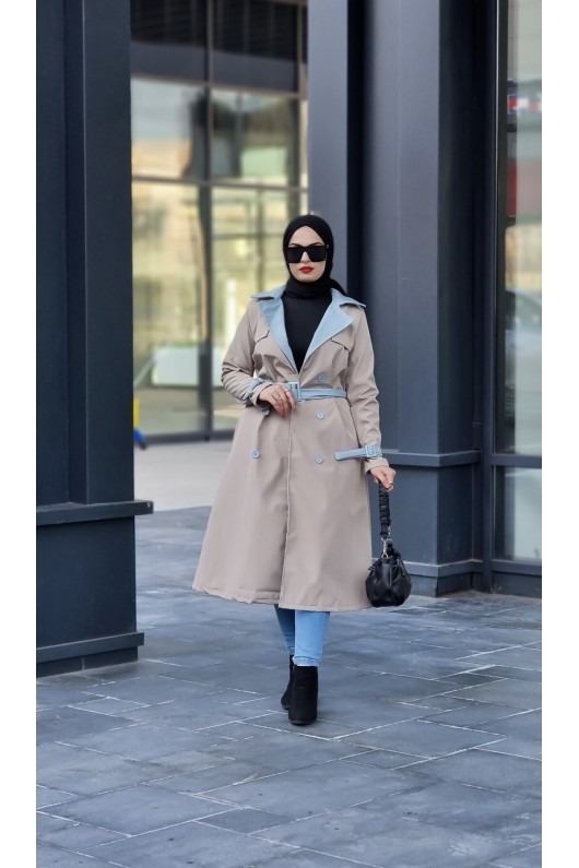 9981 - Çift Renk Tesettür Trençkot Bej-I8