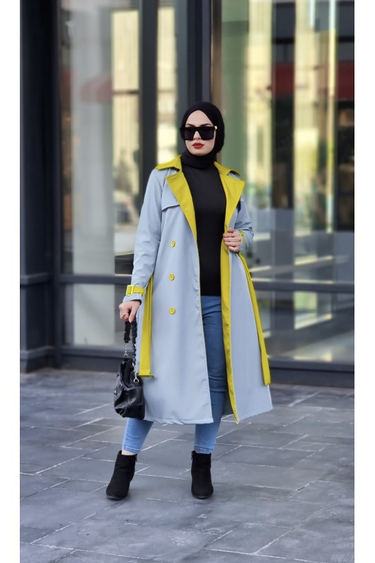 9981 - Çift Renk Tesettür Trençkot Mavi̇-I8 9981 - Çift Renk Tesettür Trençkot Mavi̇-I8