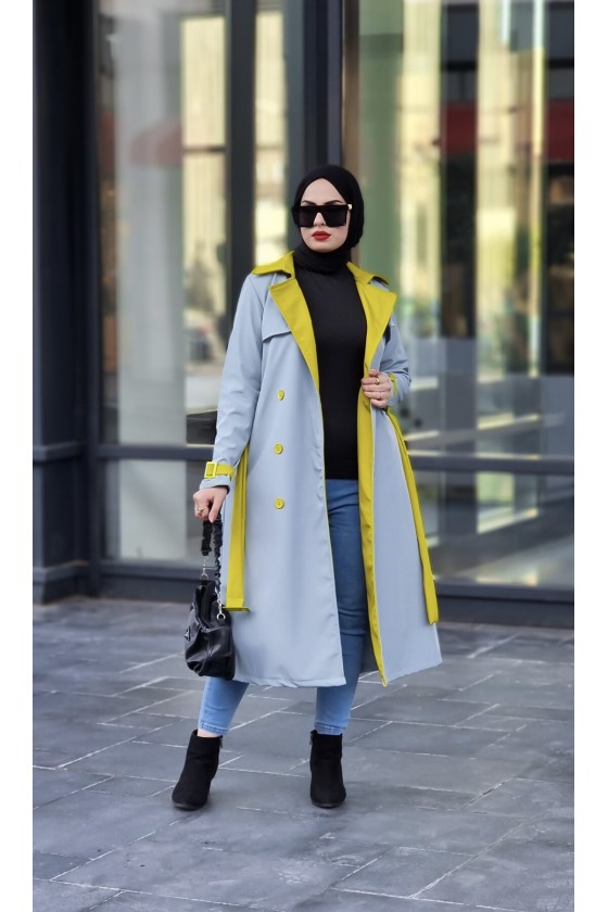 9981 - Çift Renk Tesettür Trençkot Mavi̇-I8