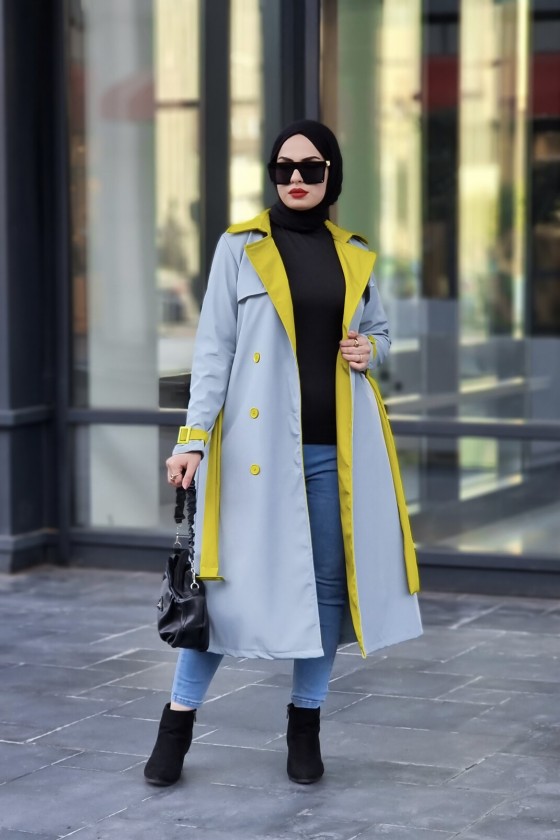 9981 - Çift Renk Tesettür Trençkot Mavi̇-I8