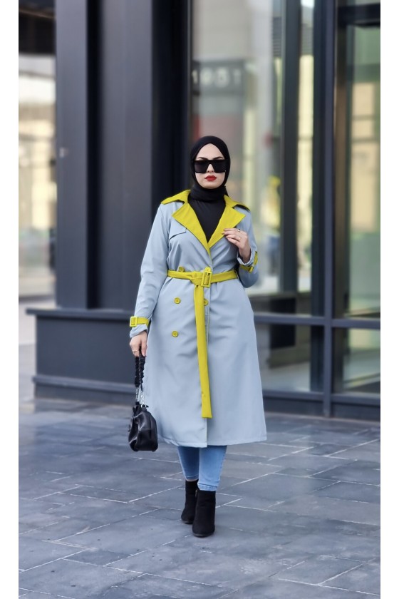 9981 - Çift Renk Tesettür Trençkot Mavi̇-I8 9981 - Çift Renk Tesettür Trençkot Mavi̇-I8