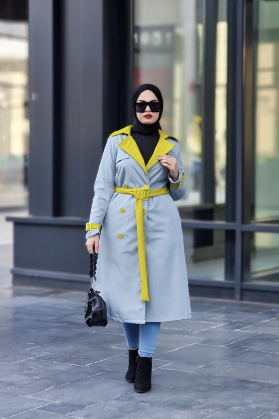 9981 - Çift Renk Tesettür Trençkot Mavi̇-I8