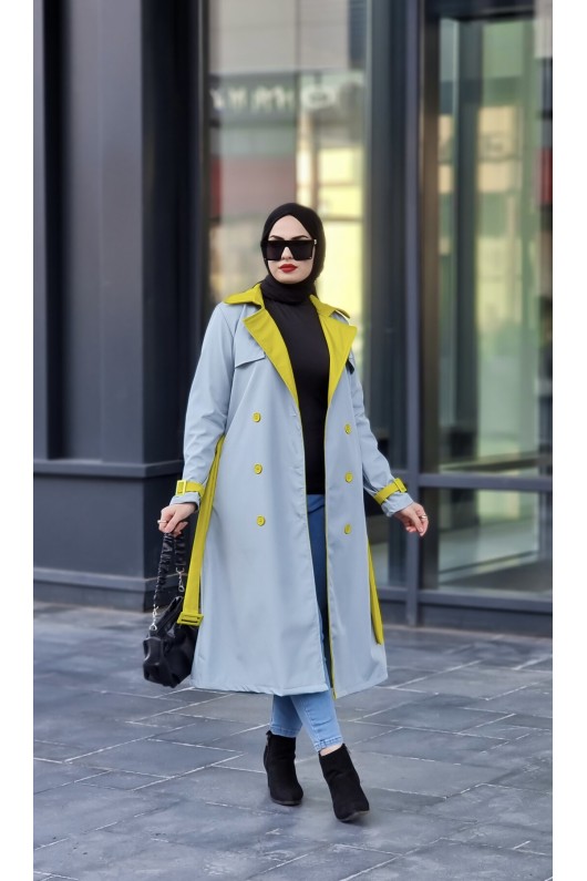 9981 - Çift Renk Tesettür Trençkot Mavi̇-I8 9981 - Çift Renk Tesettür Trençkot Mavi̇-I8