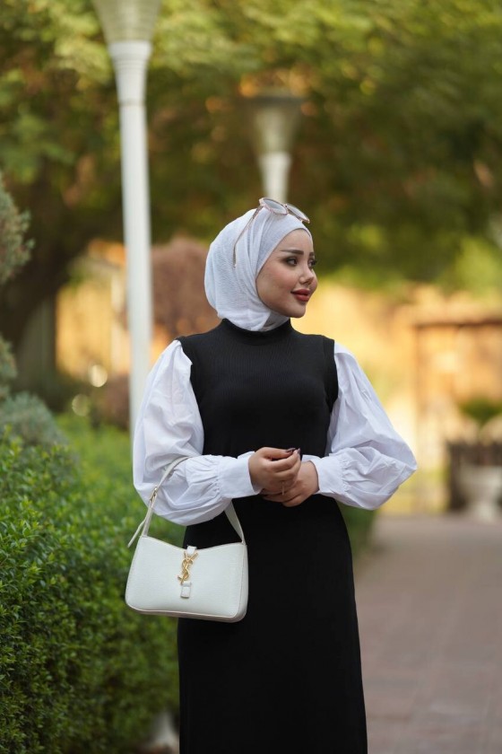 4437 - Kemerli Tesettür Elbise Si̇yah-H2