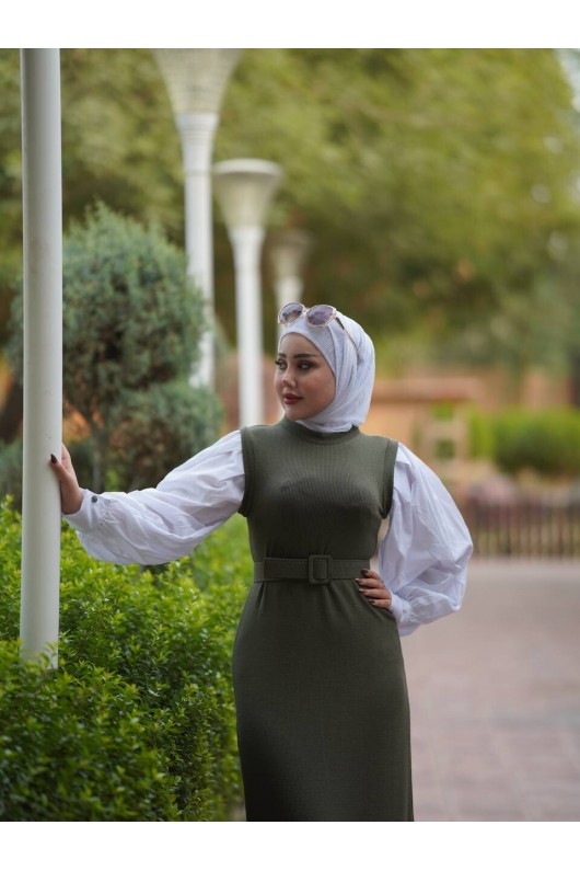 4437 - Kemerli Tesettür Elbise Haki̇-H2 4437 - Kemerli Tesettür Elbise Haki̇-H2