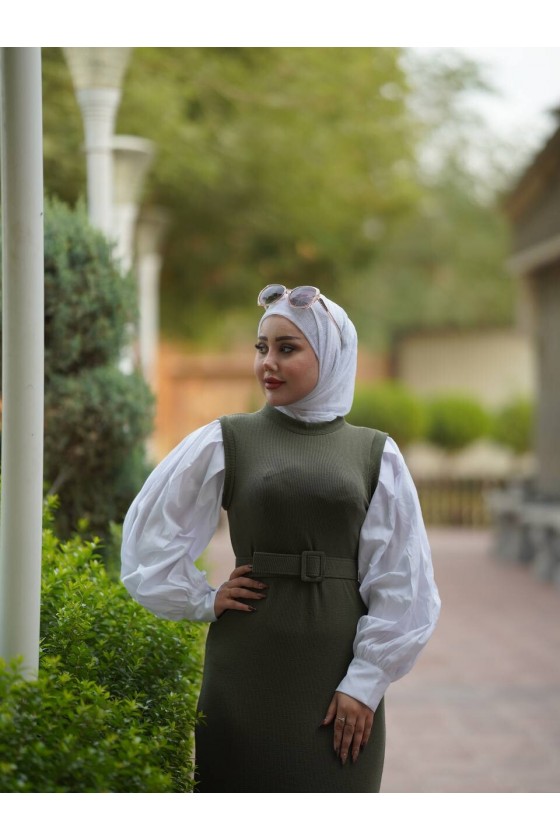 4437 - Kemerli Tesettür Elbise Haki̇-H2 4437 - Kemerli Tesettür Elbise Haki̇-H2