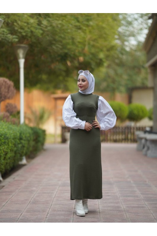 4437 - Kemerli Tesettür Elbise Haki̇-H2 4437 - Kemerli Tesettür Elbise Haki̇-H2