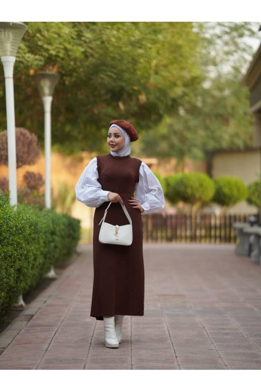 4437 - Kemerli Tesettür Elbise Kahverengi̇-H2