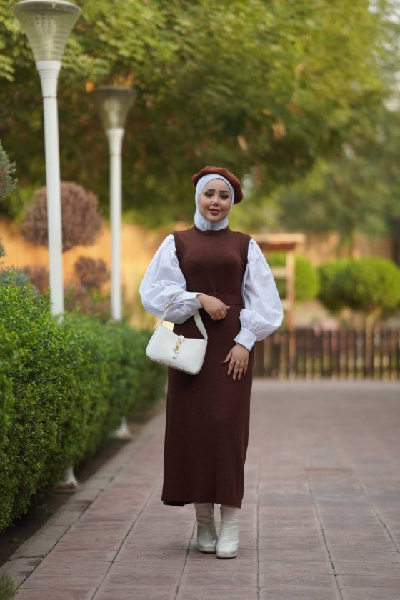 4437 - Kemerli Tesettür Elbise Kahverengi̇-H2