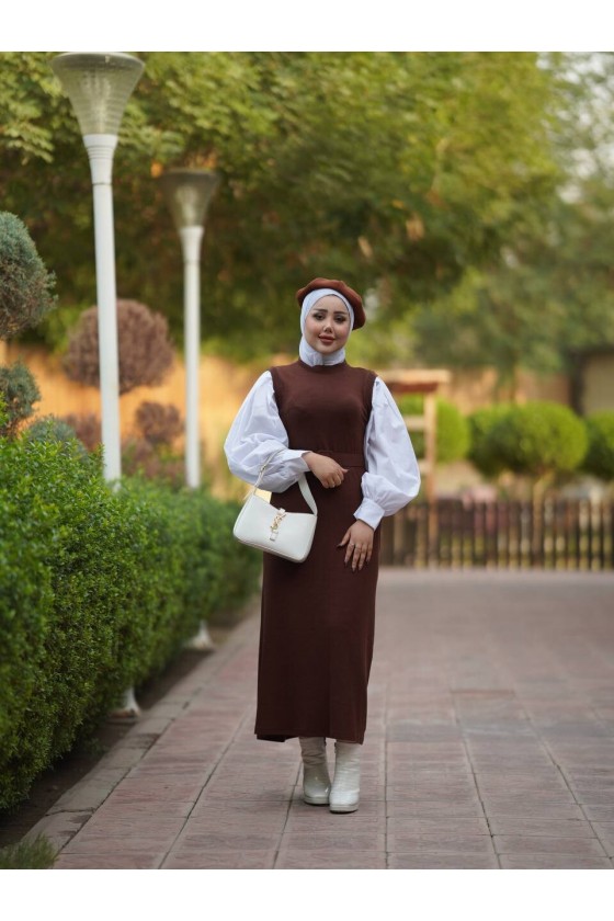 4437 - Kemerli Tesettür Elbise Kahverengi̇-H2