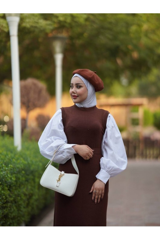 4437 - Kemerli Tesettür Elbise Kahverengi̇-H2