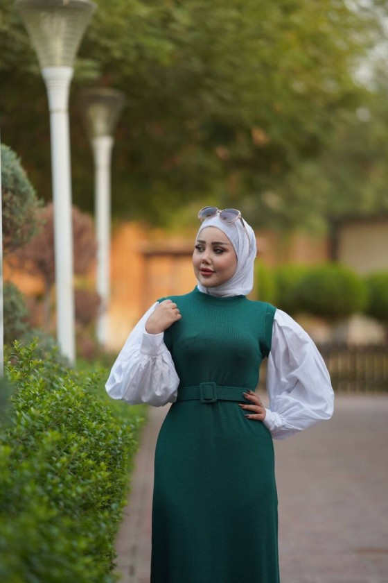 4437 - Kemerli Tesettür Elbise Yeşi̇l-H2