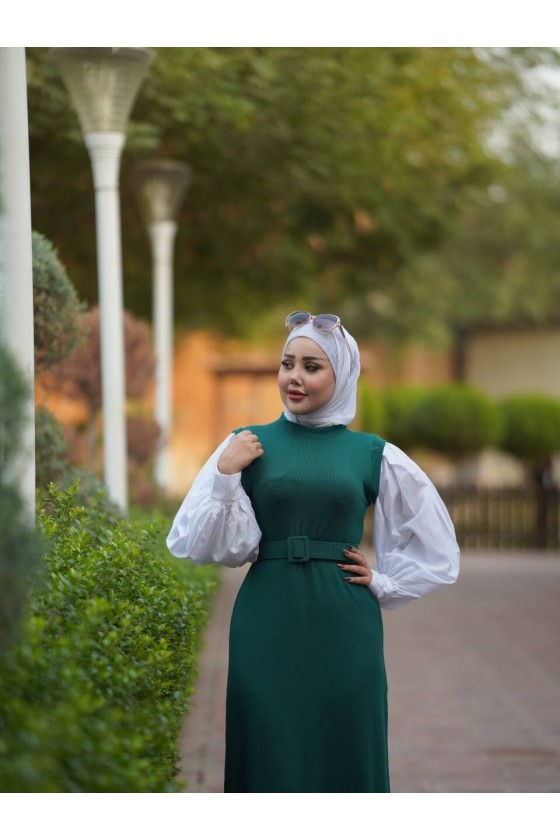 4437 - Kemerli Tesettür Elbise Yeşi̇l-H2