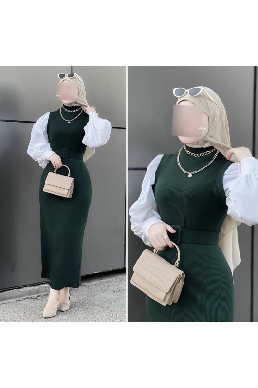 4437 - Kemerli Tesettür Elbise Yeşi̇l-H2 4437 - Kemerli Tesettür Elbise Yeşi̇l-H2
