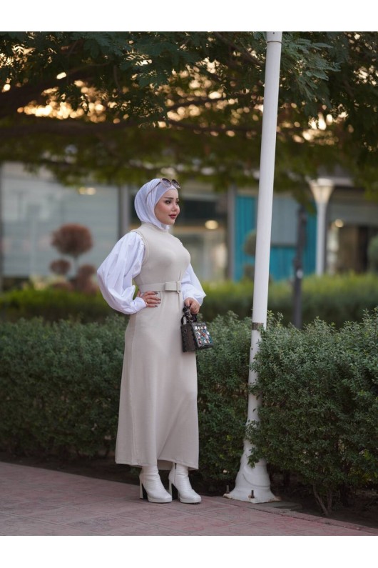 4437 - Kemerli Tesettür Elbise Taş-H2 4437 - Kemerli Tesettür Elbise Taş-H2