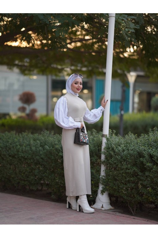 4437 - Kemerli Tesettür Elbise Taş-H2 4437 - Kemerli Tesettür Elbise Taş-H2