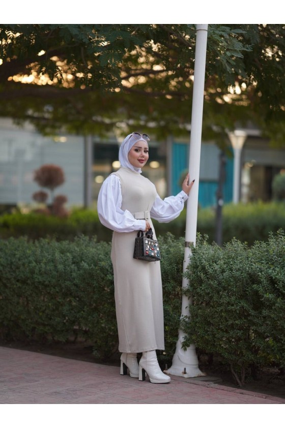 4437 - Kemerli Tesettür Elbise Taş-H2 4437 - Kemerli Tesettür Elbise Taş-H2