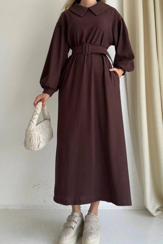 4438 - Tesettür Elbise Kahverengi̇-H1