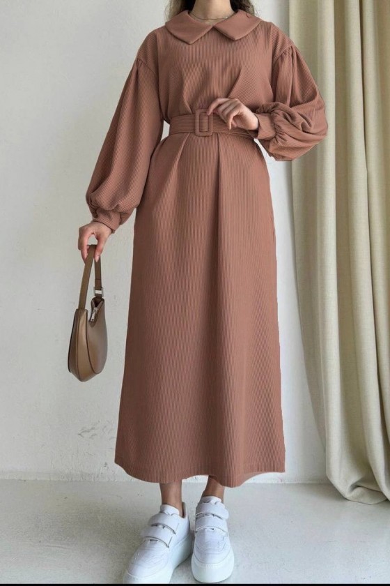 4438 - Tesettür Elbise Camel-H1