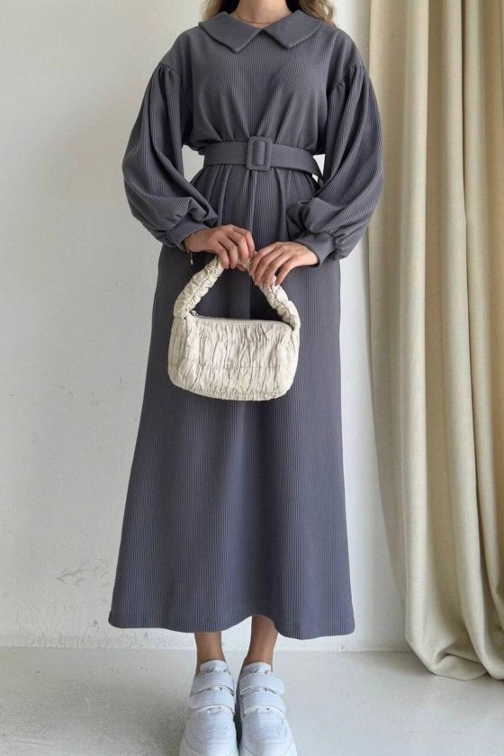 4438 - Tesettür Elbise Gri̇-H1