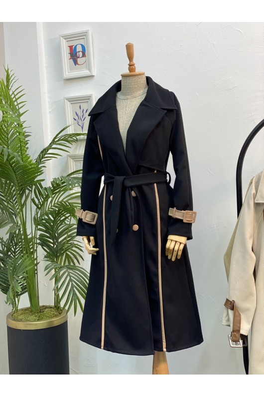 4439 - Kemerli Tesettür Kaban Si̇yah-K3 4439 - Kemerli Tesettür Kaban Si̇yah-K3