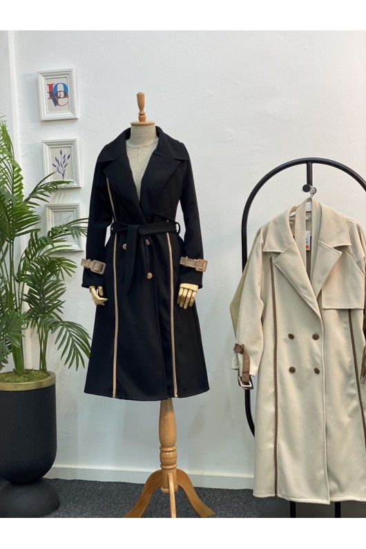 4439 - Kemerli Tesettür Kaban Si̇yah-K3 4439 - Kemerli Tesettür Kaban Si̇yah-K3