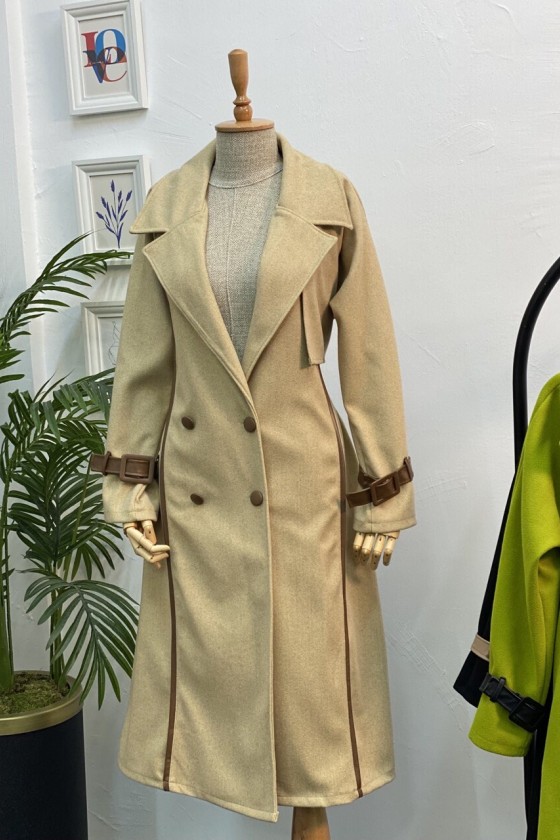 4439 - Kemerli Tesettür Kaban Camel-K3 4439 - Kemerli Tesettür Kaban Camel-K3