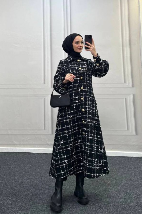 4449 - Renk Detaylı Tesettür Kaban Si̇yah