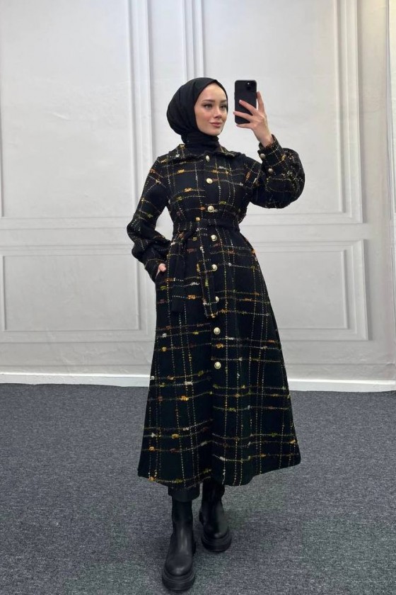 4449 - Renk Detaylı Tesettür Kaban Kahverengi̇