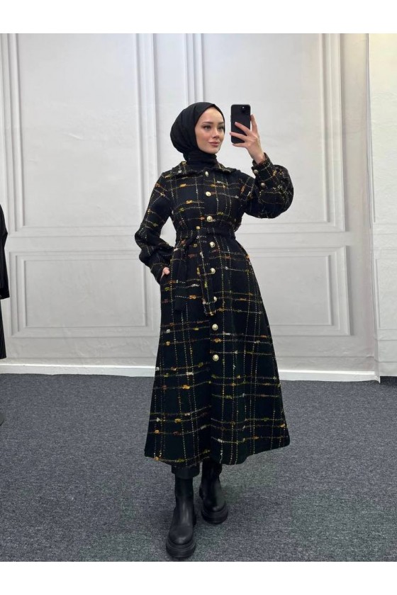 4449 - Renk Detaylı Tesettür Kaban Kahverengi̇