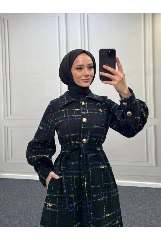 4449 - Renk Detaylı Tesettür Kaban Mavi̇ 4449 - Renk Detaylı Tesettür Kaban Mavi̇