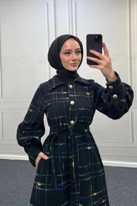 4449 - Renk Detaylı Tesettür Kaban Mavi̇