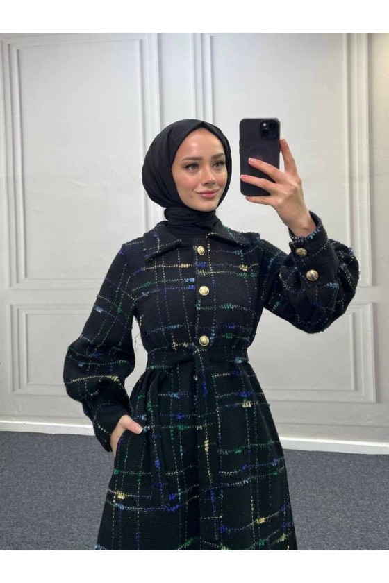 4449 - Renk Detaylı Tesettür Kaban Mavi̇