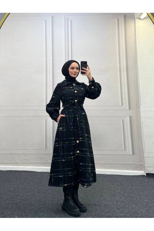 4449 - Renk Detaylı Tesettür Kaban Mavi̇ 4449 - Renk Detaylı Tesettür Kaban Mavi̇