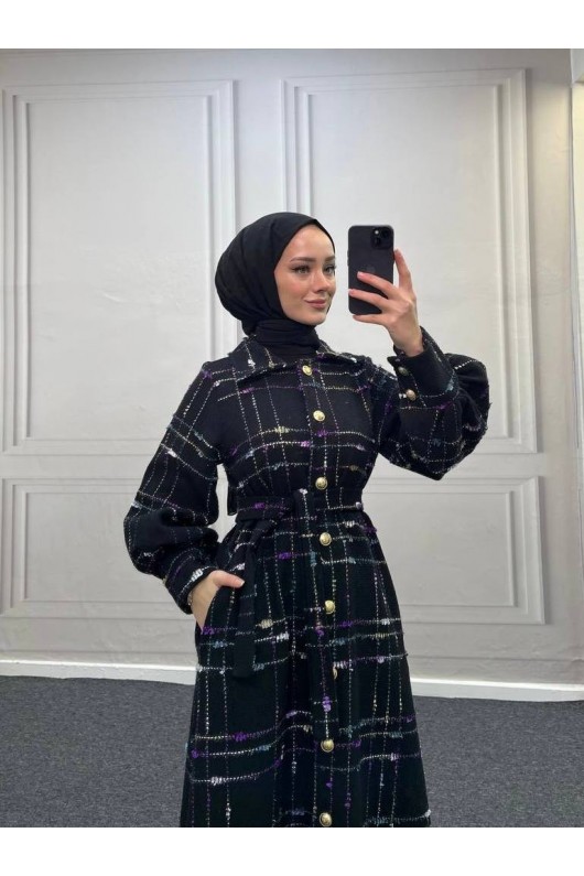 4449 - Renk Detaylı Tesettür Kaban Mor 4449 - Renk Detaylı Tesettür Kaban Mor