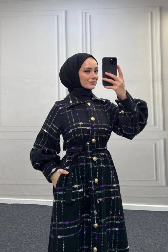 4449 - Renk Detaylı Tesettür Kaban Mor