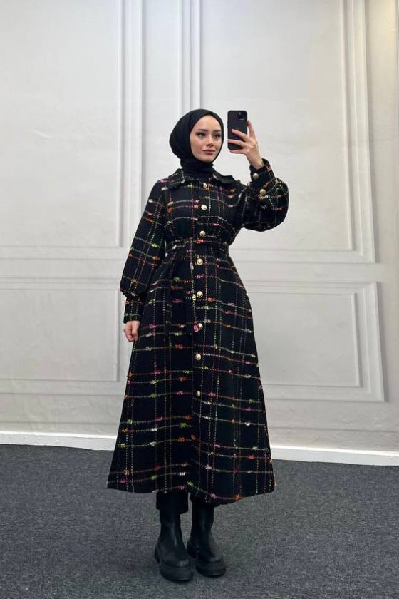 4449 - Renk Detaylı Tesettür Kaban Pembe