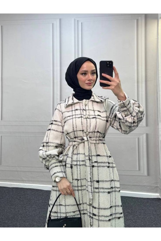 4449 - Renk Detaylı Tesettür Kaban Beyaz