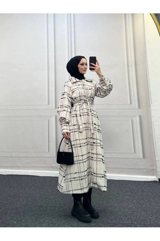 4449 - Renk Detaylı Tesettür Kaban Beyaz