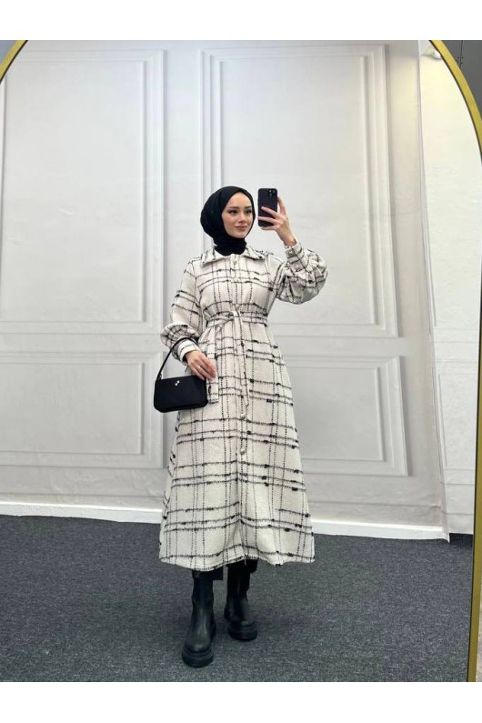 4449 - Renk Detaylı Tesettür Kaban Beyaz